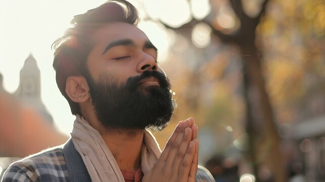 Portrait of bearded religion indian man praying with closed eyes to God asking for blessing help forgiveness outdoor Adult guy clasping hands wishing luck in urban sunny city street To : Generative AI