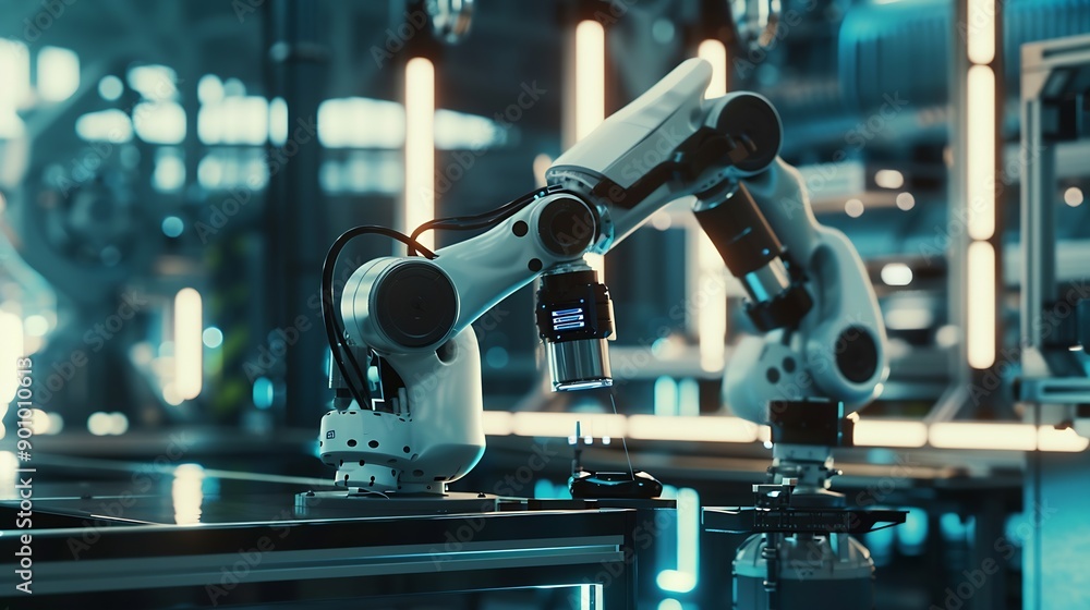 Poster XAI Smart industry robot arms for digital factory production technology showing automation manufacturing process of the Industry 40 or 4th industrial revolution and IOT software to con : Generative AI