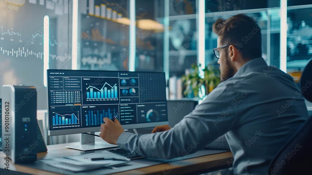 Poster Businessman working with data management system on computer to make report with KPI and metrics connected to database finance operations sales marketing KPI business performance indica : Generative AI