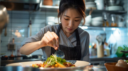 Asian woman garnishing a dish in the kitchen