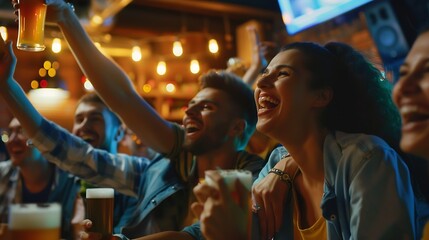Obraz premium Friends smile and sports game success tournament victory and celebration of football league match event Men woman and team support fan and winning with beer of score achievement at pub : Generative AI