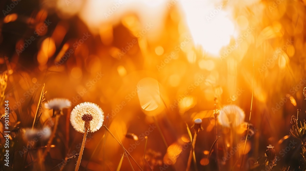 Fototapete White dandelion in a forest at sunset Macro image shallow depth of field Abstract summer nature background : Generative AI