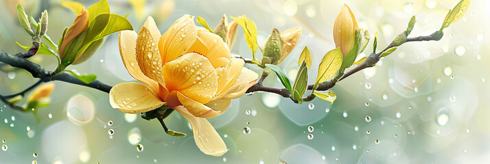 A yellow magnolia flower blooming on the branch, green leaves and water droplets hanging from them,...