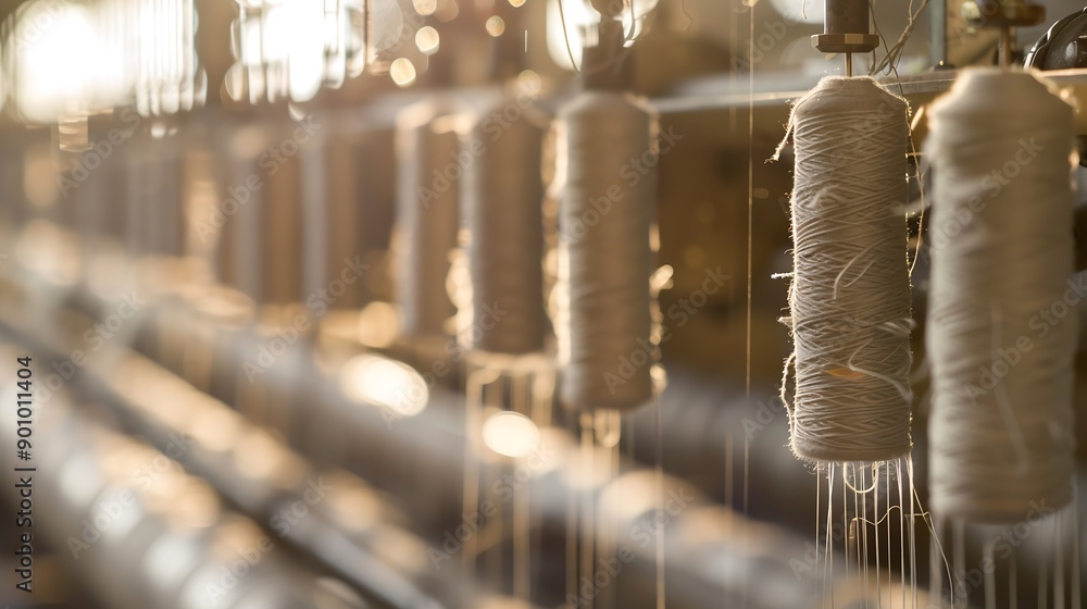 Poster textile industry machine with threads and worker in background : generative ai