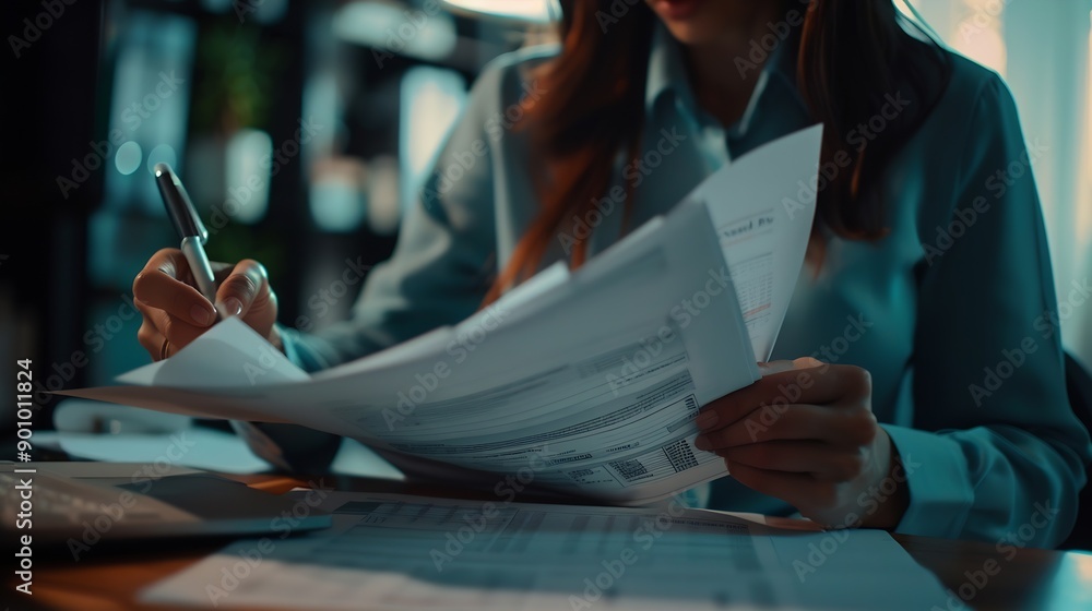 Aufkleber Documents Business woman and accountant reading report for information financial data or analysis Paperwork auditor check review and bookkeeping Calculate finance and tax in office : Generative AI