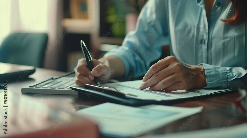 Aufkleber documents business woman and accountant reading report for information financial data or analysis pa