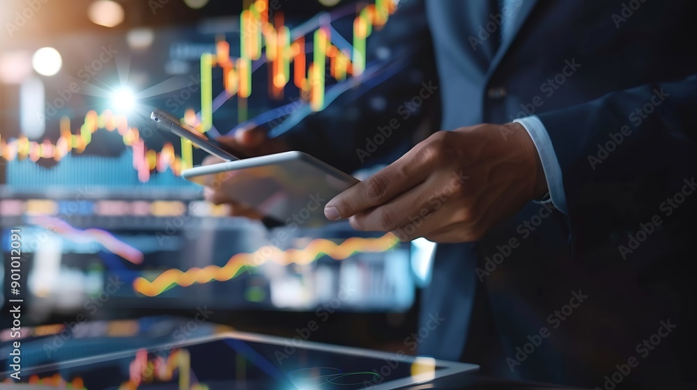 Leinwandbilder Business finance and investment Data analysis Businessman using tablet analyzing financial graph growth chart stock market report and forex graph business growth finance and investment : Generative AI