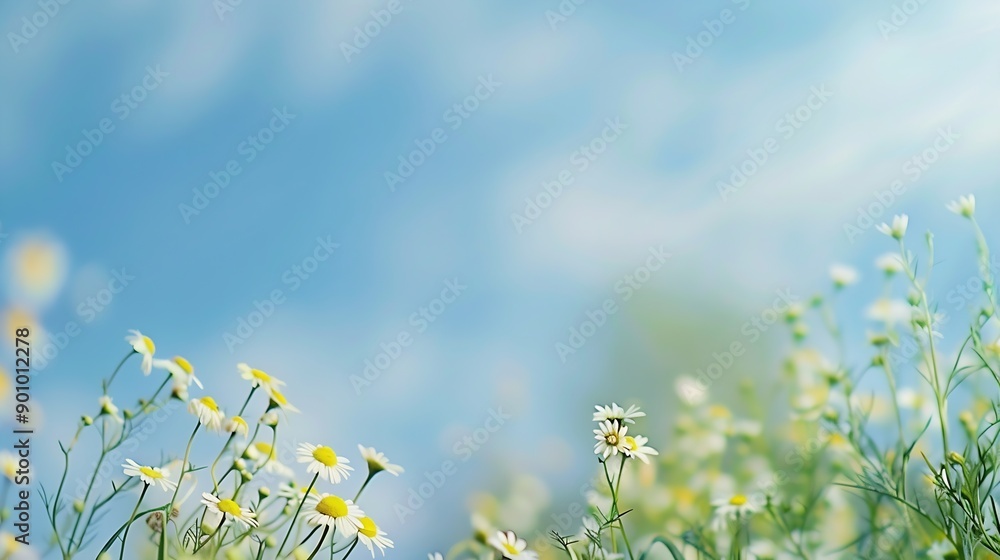 Aufkleber beautiful blurred spring background nature with blooming glade chamomile trees and blue sky on a sun