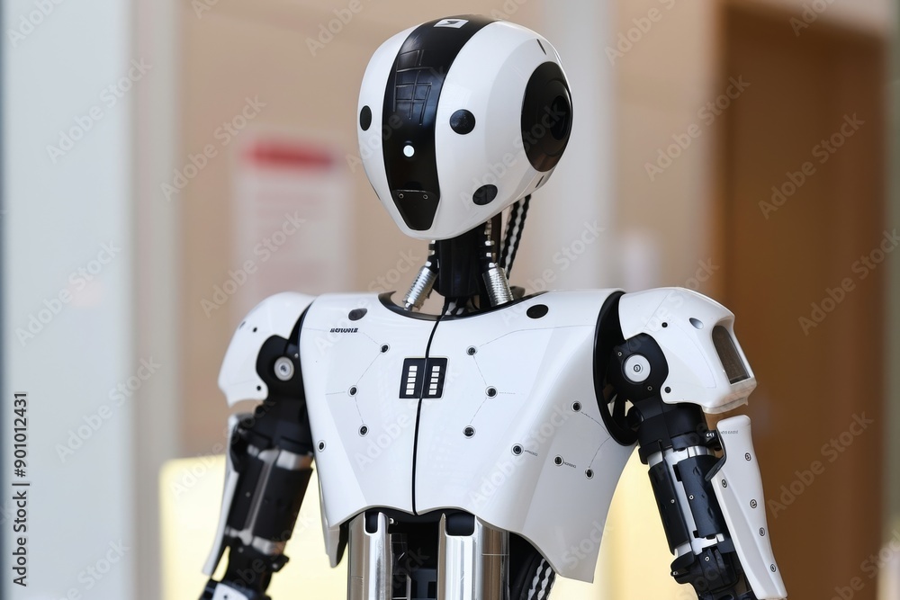 Poster white humanoid robot in a clinical setting highlighting advanced ai and robotics