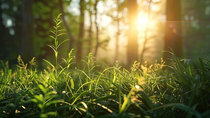 A field of grass with a sun shining on it