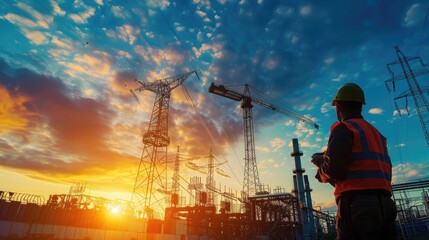 A man in a safety vest is standing in front of a large construction site