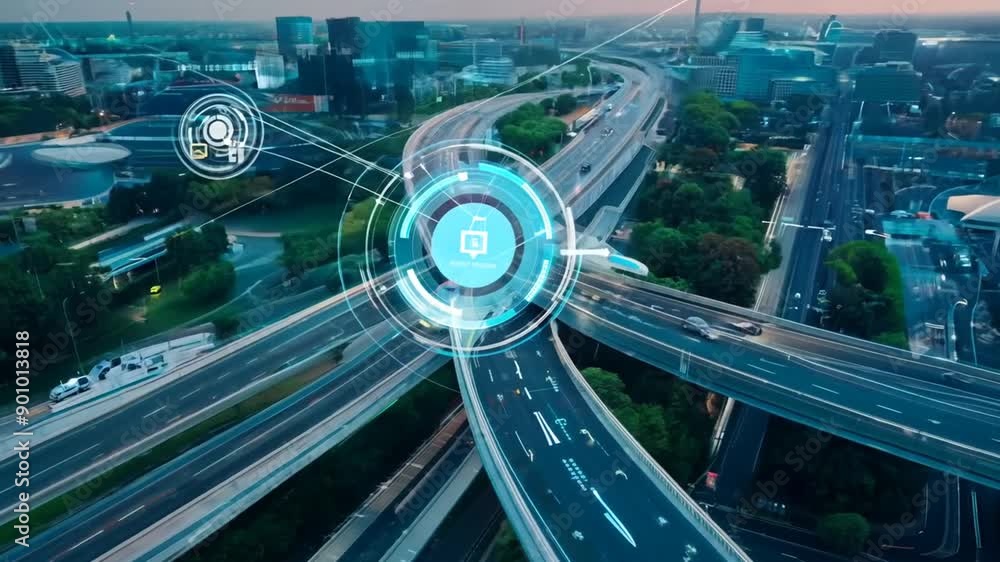 Poster aerial view of self-driving electric cars navigating a busy traffic intersection with hud elements g