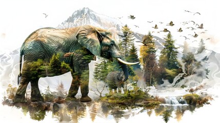 Fototapeta premium Majestic Elephant Trumpeting Amidst Lush Forest and Mountainscape
