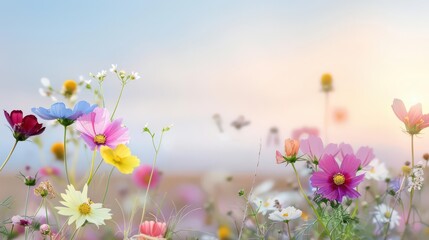 Vibrant wildflowers bloom in a field, bathed in soft sunlight.