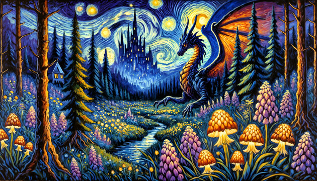 Magical Twilight Dragon With Luminescent Flowers And Castle, Enchanted Night Valley In Post-Impressionist Style, 4k Wallpaper