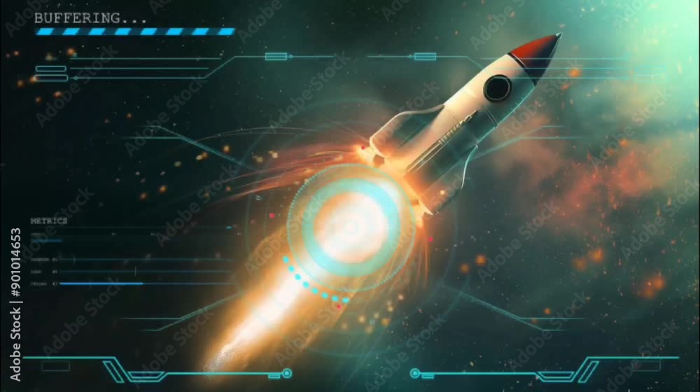 Wall mural rocket launching into space with futuristic interface. seamless looping time lapse 4k video animatio