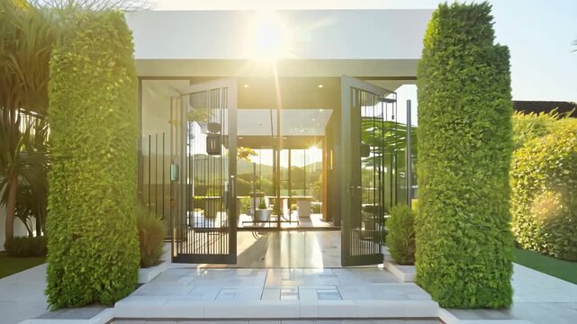 Garden Gate Leading Into A Modern Villa Entrance Bathed In Sunshine Generative AI