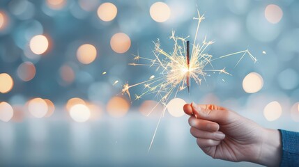 Hand holding a lit sparkler against a bokeh background.