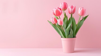 Pink tulips in a pink pot on a pink background.