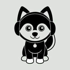 Cute husky wearing headphone silhouette black vector icon illustration