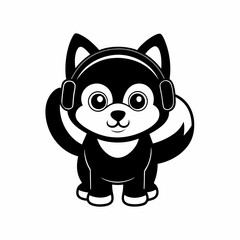 Fototapeta premium Cute husky wearing headphone silhouette black vector icon illustration