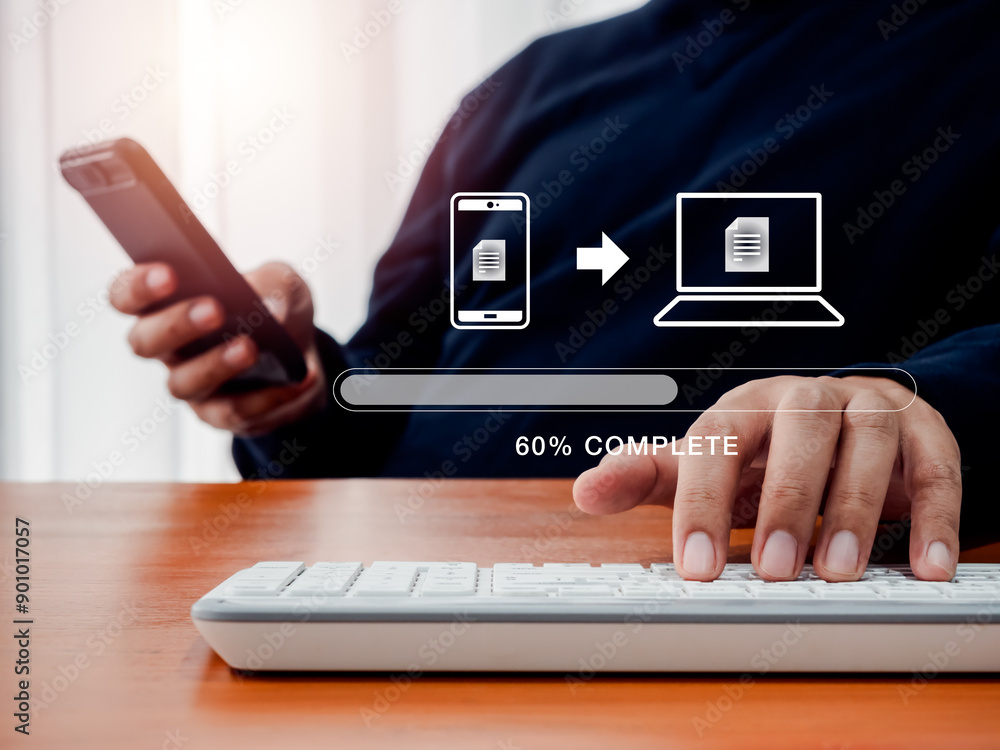 Poster file transfer, data migration, transmission, backup files concept. loading progress bar and smartpho
