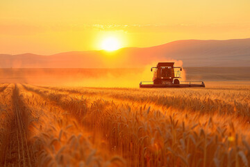 Naklejka premium A beautiful sunset over a harvesting field with a harvester working in the rural countryside.
