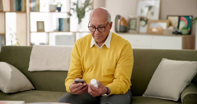 Senior, man and medication in home with smartphone, telehealth app and research side effects for safety. Sofa, lounge and pharmaceutical info for healthcare, pill and container for faq online