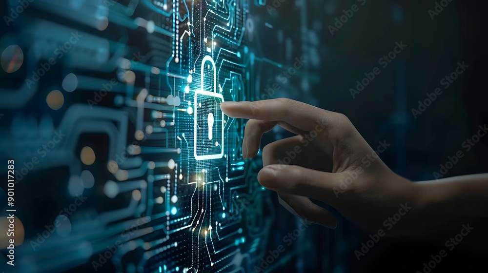 Poster hand reaching out to touch a glowing digital lock icon on a circuit board background, representing c