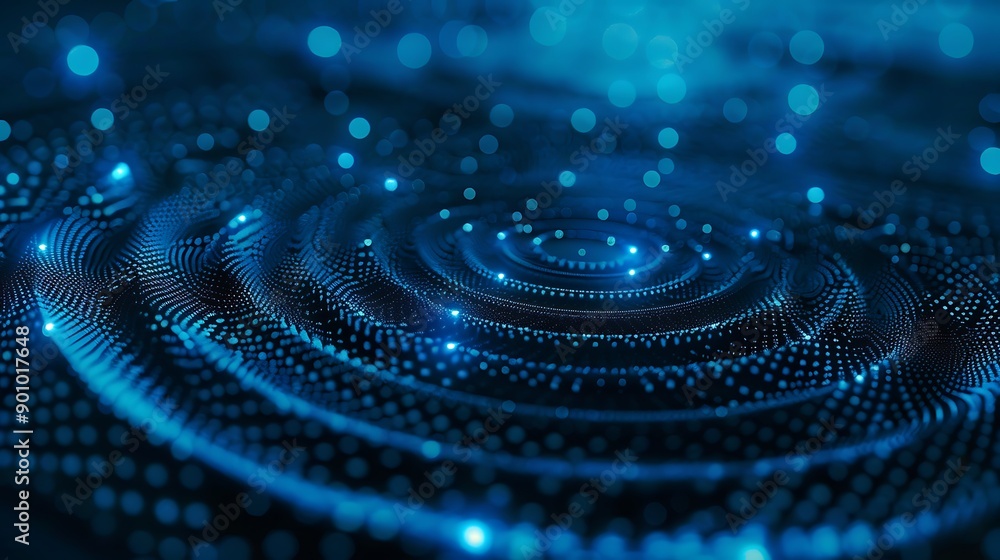 Poster abstract blue background with swirling digital patterns, resembling waves, creating a sense of motio