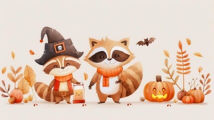 Two cute raccoons dressed for Halloween with pumpkins and fall leaves.