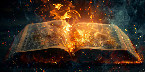 A close up of an opened book with flames and sparks, generative AI
