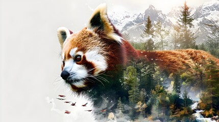 Majestic Red Panda in Scenic Winter Forest Landscape with Mountains and Streams