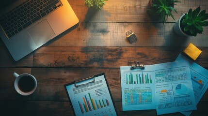 A warm-toned workspace featuring a laptop, financial charts on paper, coffee, and plants, creates a relaxed and productive atmosphere.