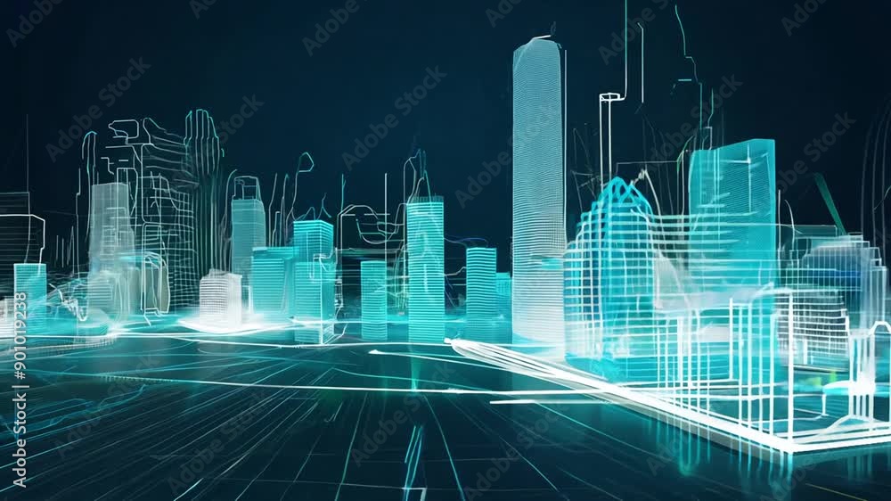 Aufkleber abstract fiber optic cables transmitting data into wireframe cityscape animation generative ai
