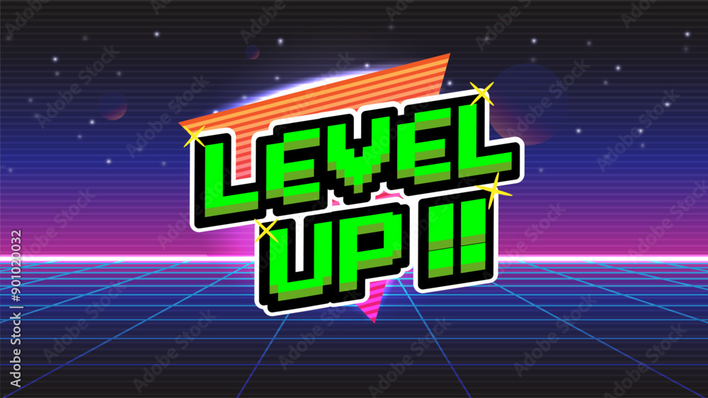 Poster level up !! text with gold coin on blue background.pixel art .8 bit game.retro game. for game assets
