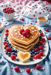 Pancakes with raspberries and jam for a delicious breakfast