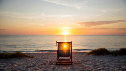 Empty beach chair on beach at sunset or sunrise, Solitary beach chair against sunset, Single beach chair on beach