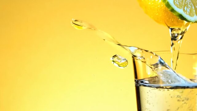 Refreshing Lemon Slice in Fizzy Carbonated Water Against a Bright Yellow Background Generative AI