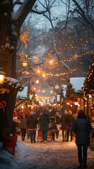 Bustling Christmas market, colorful stalls, festive lights, and joyful crowd, winter evening