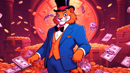 Create a logo for a cartoon YouTube podcast titled "The Takeover." The host is a cartoon lion dressed in a sharp, tailored suit, embodying a confident and humorous sales manager. The lion should be ho