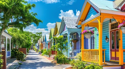 A street lined with colorful houses on a sunny day.