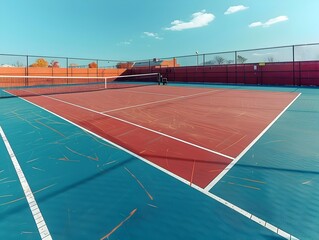 Fototapeta premium Vibrant Tennis Court with Clear Sky and Geometric Patterns