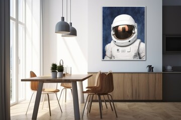 A modern dining area featuring a striking astronaut artwork, creating a unique and inspiring atmosphere for any space.