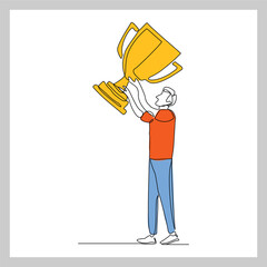 Continuous single line sketch drawing of business man successful achievement goal holding trophy reward. one line vector illustration success leader employee corporate celebration