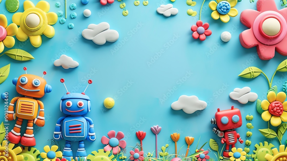 Poster a blue background with a border of colorful flowers and robots made of playdough.