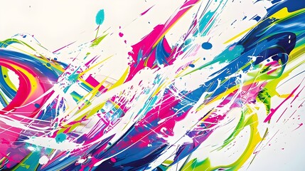 Energetic Abstract Digital Artwork Bursting with Vibrant, Bright Colors, Featuring Dynamic Splashes and Swirling Patterns on a White Background. Bold Strokes and Gradients Creating a Sense of Motion a
