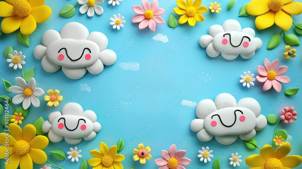 Poster a blue background with a border of colorful clay flowers and smiling clouds.