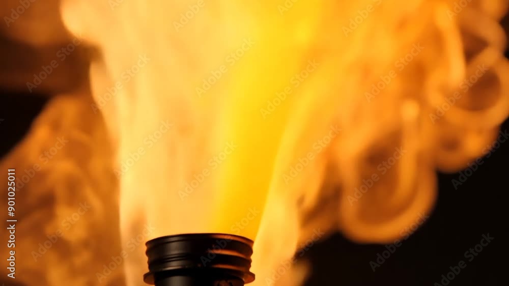 Aufkleber flame erupting from flamethrower captured in super slow motion at dusk generative ai