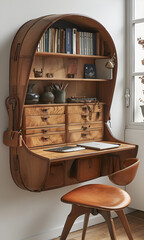 Office desk with chair and bookcase.